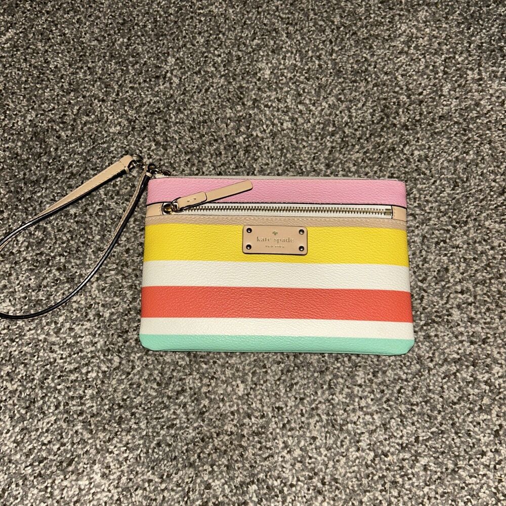 Kate Spade Wristlet Wallet Pink Red Yellow Teal Stripe Zip Closure